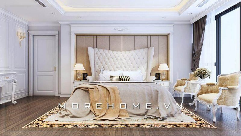 Mẫu giường ngủ Master sang trọng và đầy ấn tượng, phần đầu giường được thiết kế cách điệu mang đến cho không gian phòng ngủ thêm phần sang trọng và hoành tráng